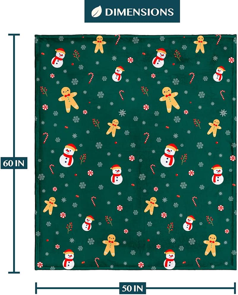 Christmas Gingerbread Throw Blanket | Green Holiday Christmas Fleece Blanket | Soft, Plush, Warm Winter Cabin Throw