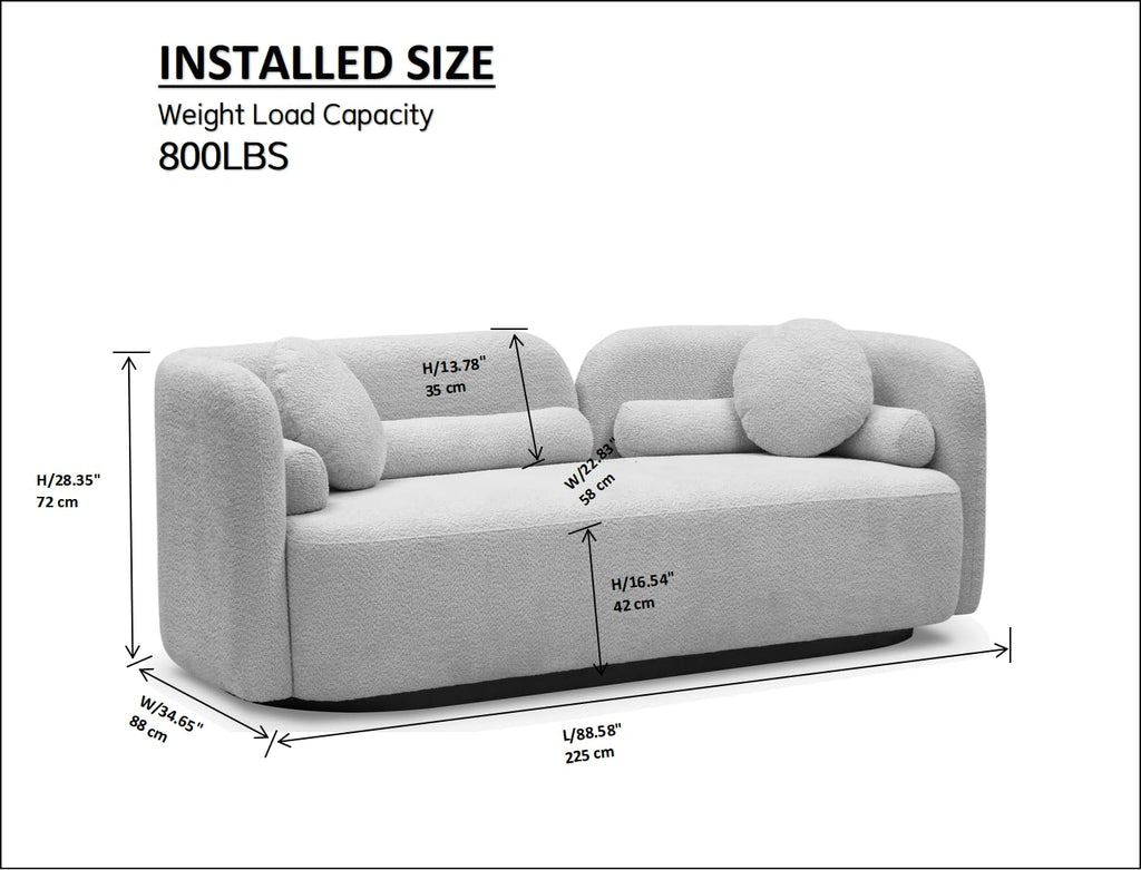 88.58" Curved Sofa Couch, Solid Wood Frame, Pillows, Boucle, 3-Seater Beige