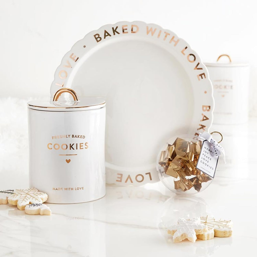 Ceramic Cookie Jar, White and Gold Foil Airtight 8" Tall, Freshly Baked Cookies