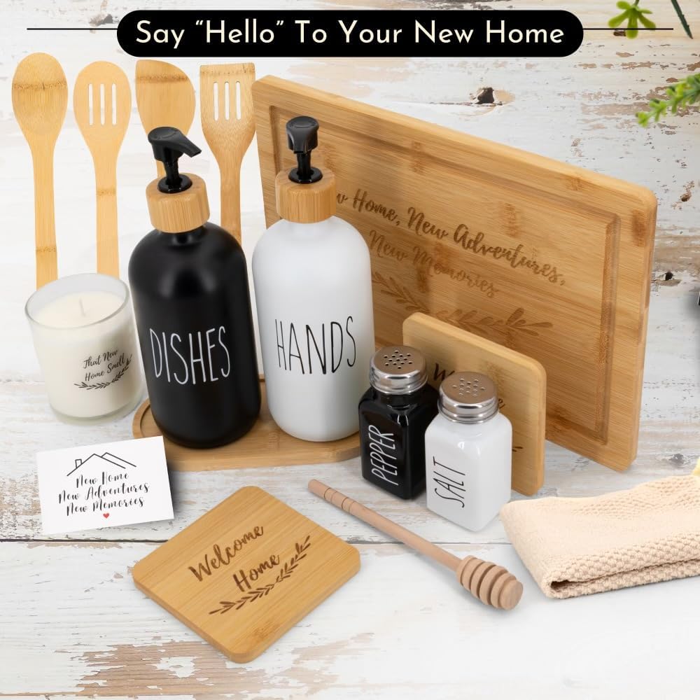 House Warming Gifts New Home - Home Essentials for New Home Gift Set Includes Scented Candle, Bamboo Cutting Board - Set of 18