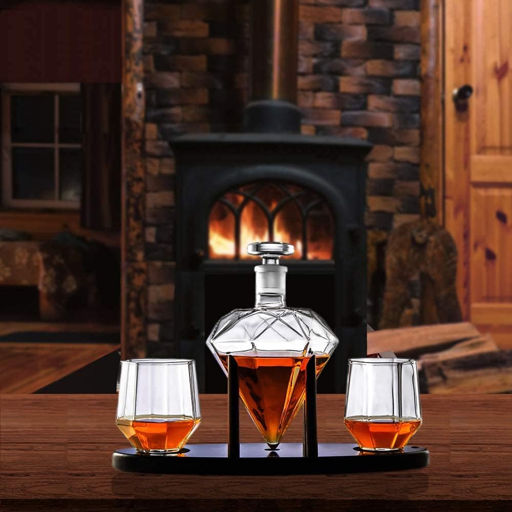 Whiskey Decanter Diamond shaped With 2 Diamond Glasses & Mahogany Wooden Holder - Elegant Handcrafted Crafted Glass - Set of 3
