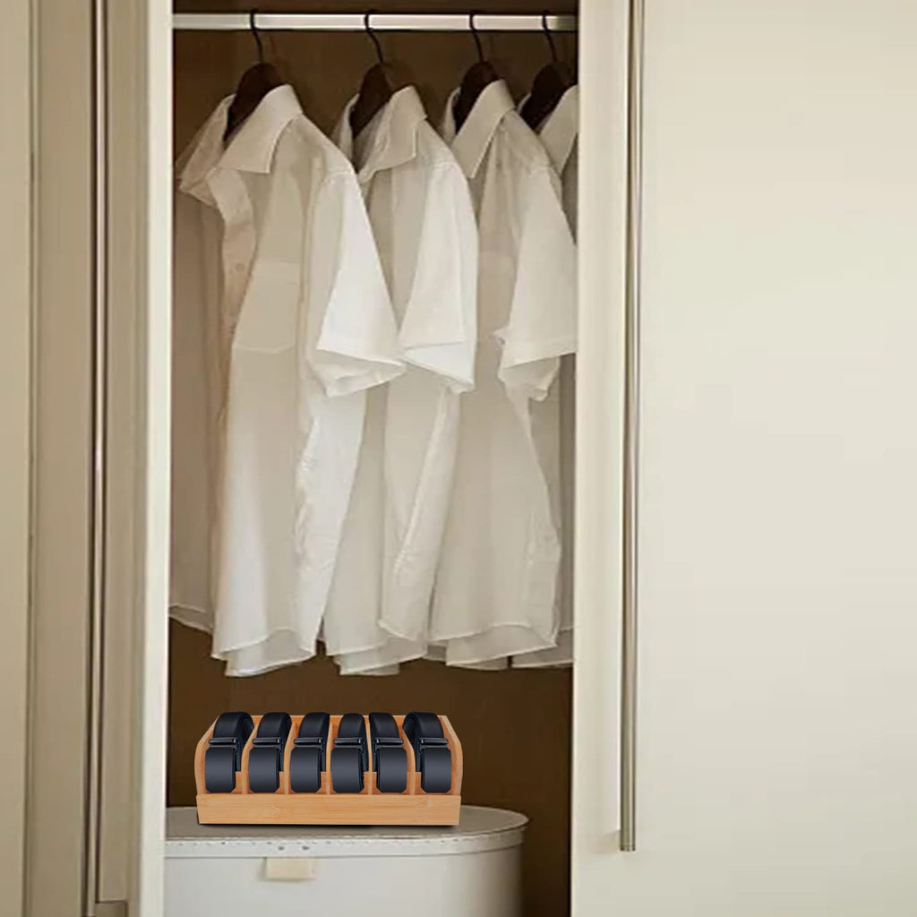Belt Organizer, 6 Compartments Belt Organizer for Closet and Drawer, Bamboo Display Case for Tie and Belt, Belt