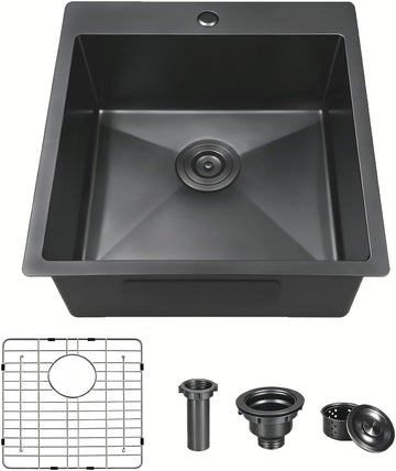 18x18 Inch Drop in Black Bar Sink, Top Mount Handmade 16 Gauge Stainless Steel Small Black Kitchen Sink, 9 Inch Deep