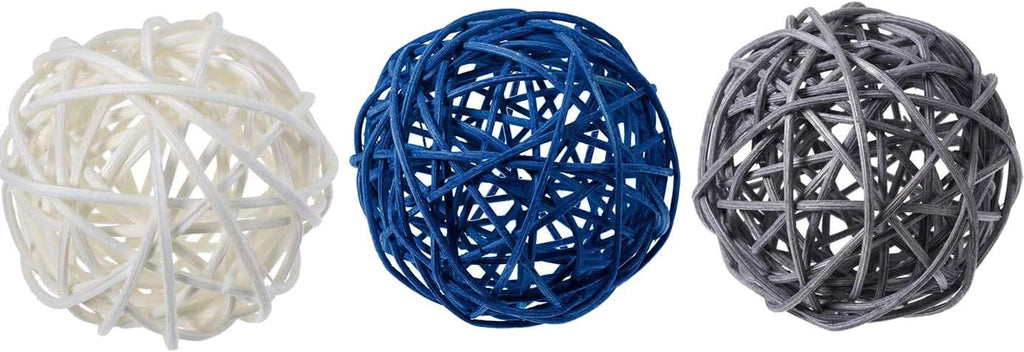 Mixed Blue Gray White Natural Decorative Wicker Rattan Balls- Vase Filler, House Ornament, Christmas Tree - Set of 15