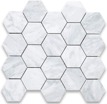 Carrara Marble 3 Inches Hexagon Mosaic Tile Honed Box of 4 Sheets Backsplash, Bathroom Floors, Walls, Showers