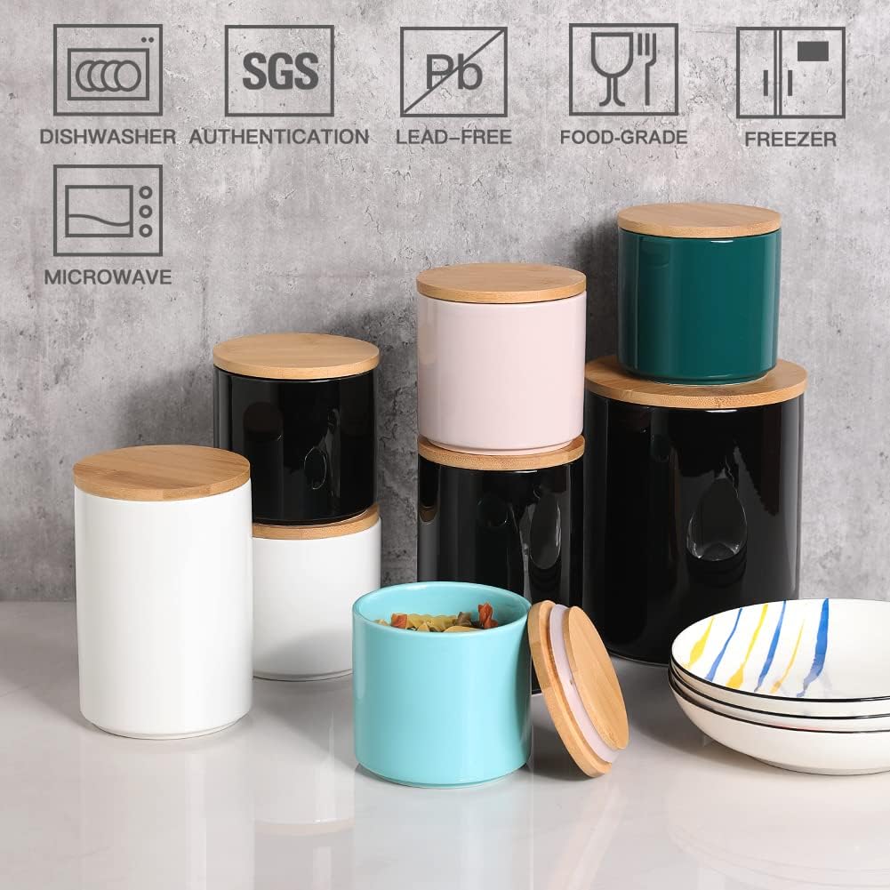 Kitchen Canisters Ceramic Food Storage Jar Set, Stackable Containers with Airtight Seal Wooden Lid for Serving Ground - Set of 4