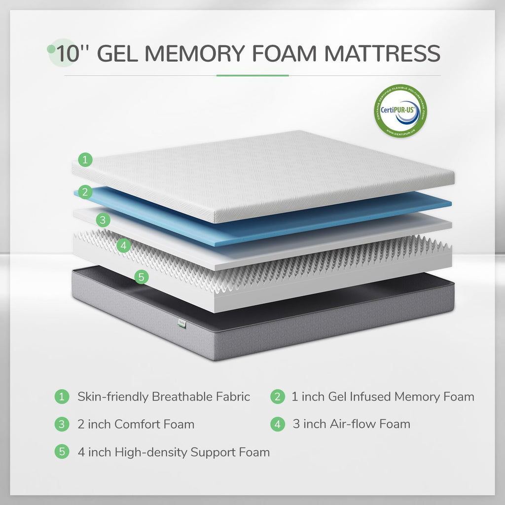 Queen Mattress, 10 Inch Gel Memory Foam Queen Size Mattress for Cool Night & Pressure Relief, Medium Plush Bed