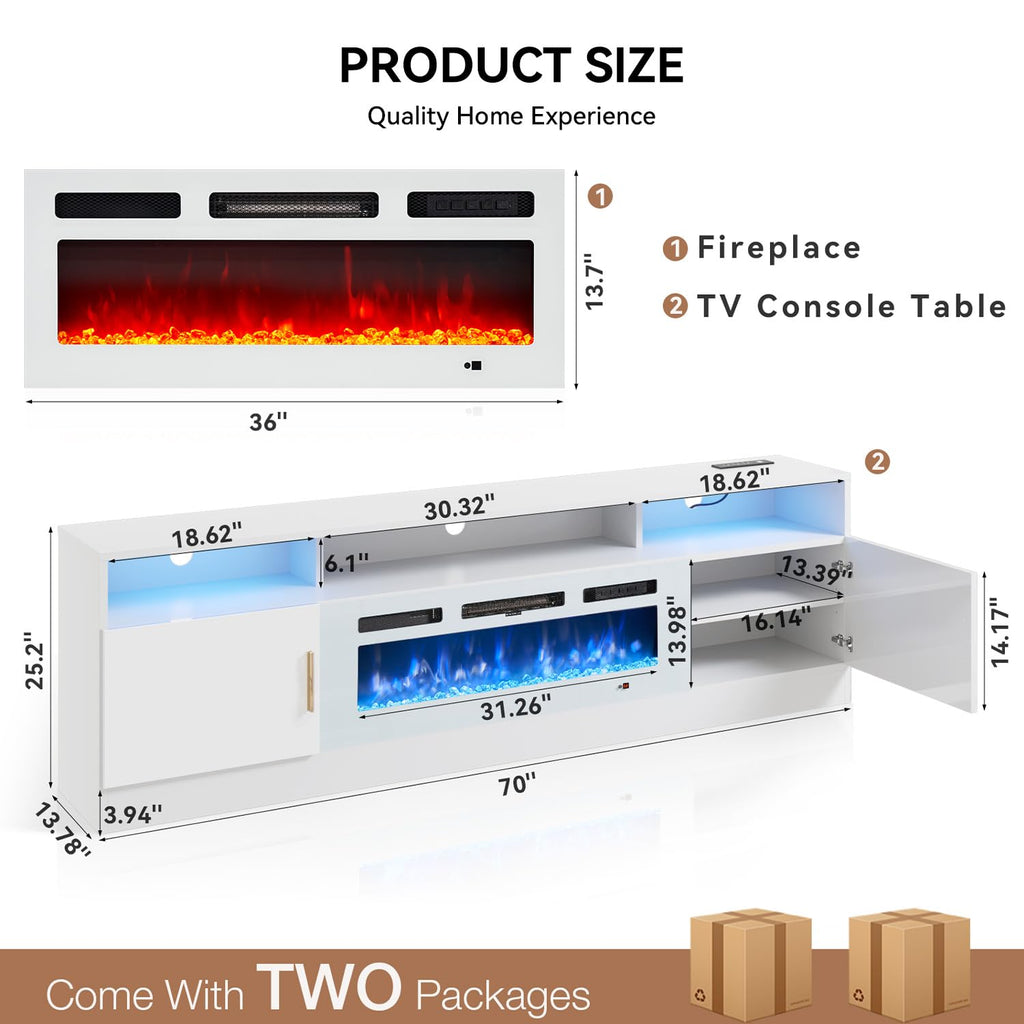 70" with Power Outlet for TVs UP to 80", Electric Fireplace Entertainment Center with LED Lights & Storage Cabinets