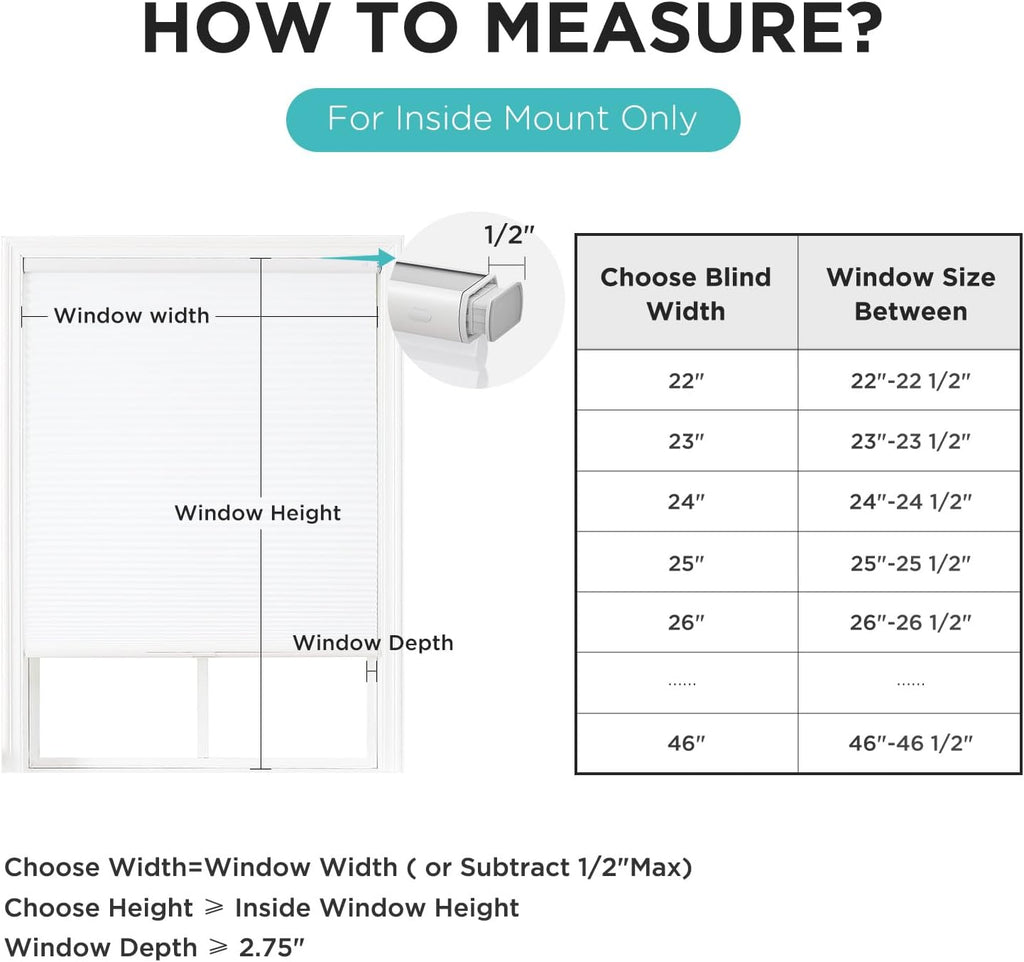 No Drill Light Filtering Cellular Shades, White, | Thermal Insulating, No Drill Blinds for Windows, Light Filtering