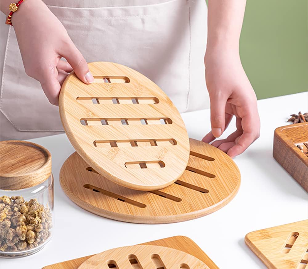 Bamboo Trivets with Dish Rack - Bamboo Trivet Mat Hot Pads Trivet for Hot Dishes, Pot, Bowl, Teapot - Set of 8