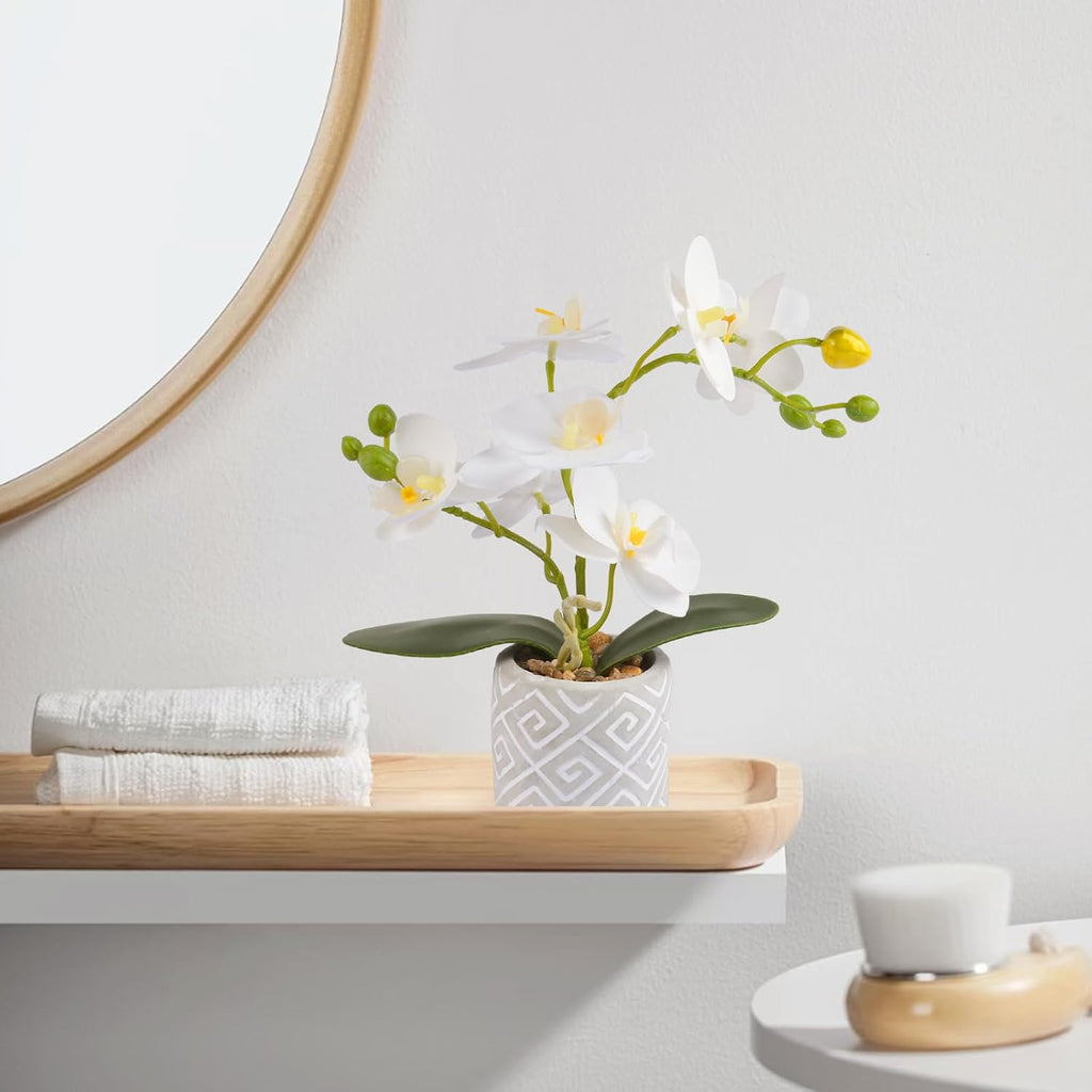 Artificial Orchids Flowers in Pot, Real Touch Faux Orchids Flowers with Vase Small Fake Orchids White Potted Plants