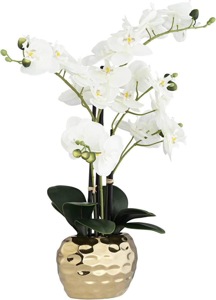 Potted Faux Artificial Flowers Realistic White Phalaenopsis Orchid in Silver Gold Ceramic Pot Home Decoration Living