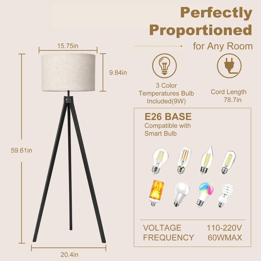 Wood Tripod Floor Lamp - Mid Century Standing Lamp with LED Dimmable