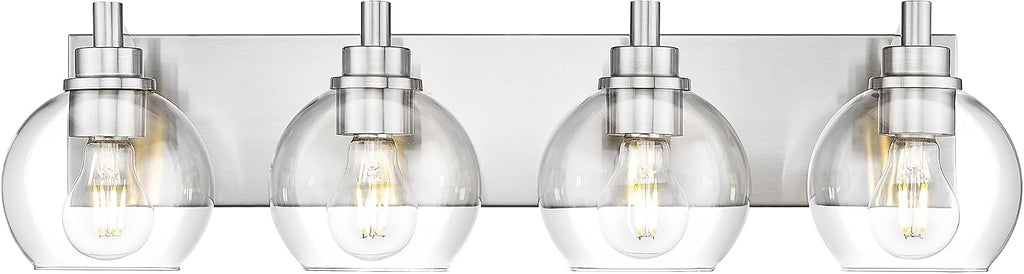 4-Light Brushed Nickel Bathroom Vanity Light, Clear Glass Globes | 26" modern bathroom light fixtures over mirror