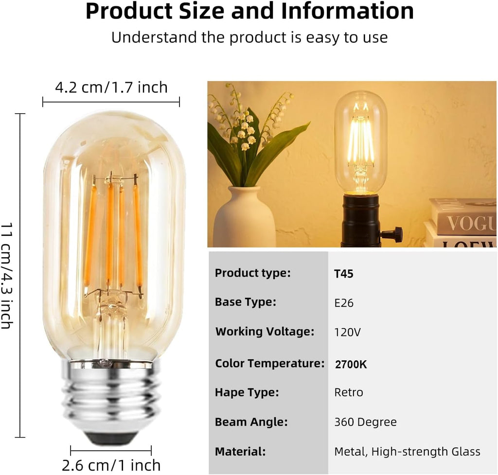 6 Pack T45 LED Edison Bulbs,6W E26,Dimmable,Warm Amber Glass E26