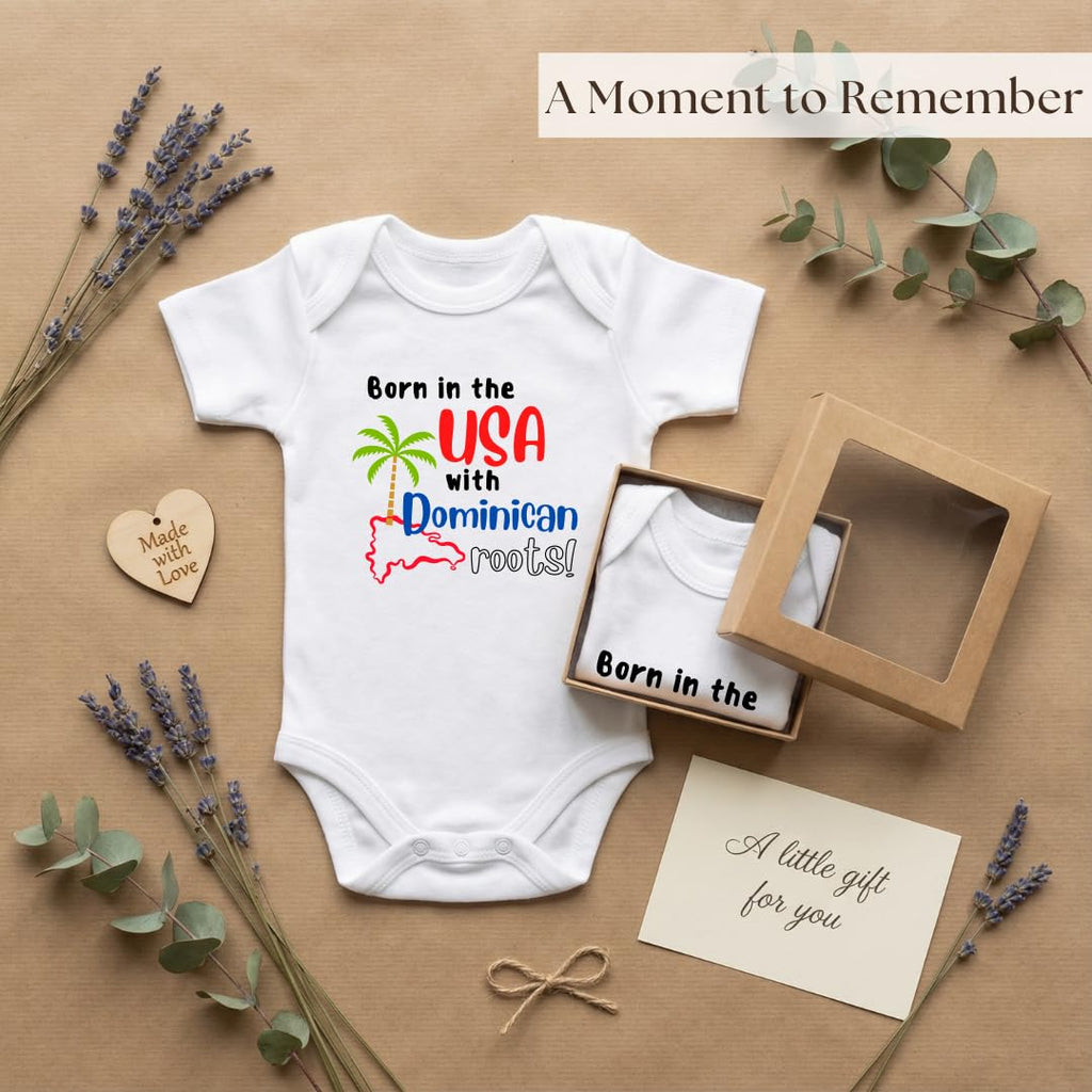 Born in the USA with Dominican Roots Baby Bodysuit | Newborn Baby Gift | Dominican Baby Jumpsuit