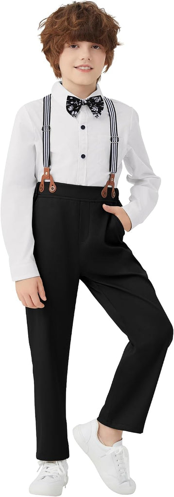 Boys Dress Clothes Wedding Ring Bearer Outfit Boy Formal Suits Dress Shirt with Bow Tie +Suspender Pants Set