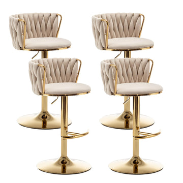 Gold Velvet Bar Stools Set of 4, Swivel Counter Height Bar Stools with Back, Adjustable Woven Barstools Island, Pub
