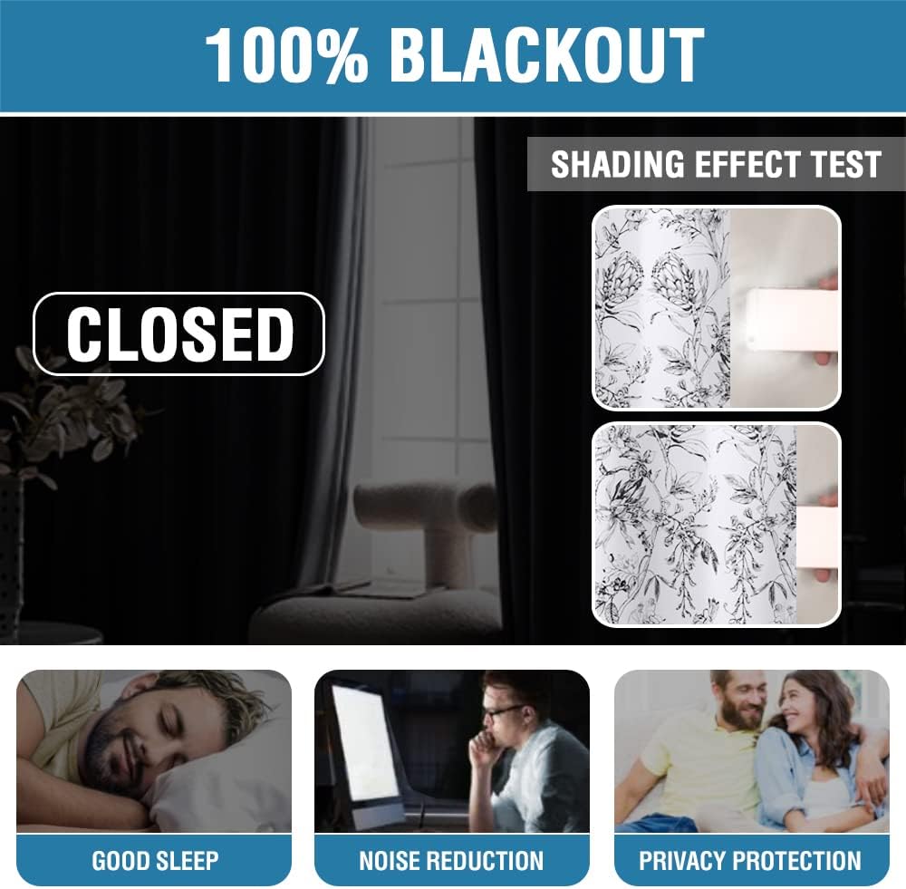 100% Blackout Curtains for Living Room Camellia Floral Blackout Curtains 84 Inches Long Light Blocking Window
