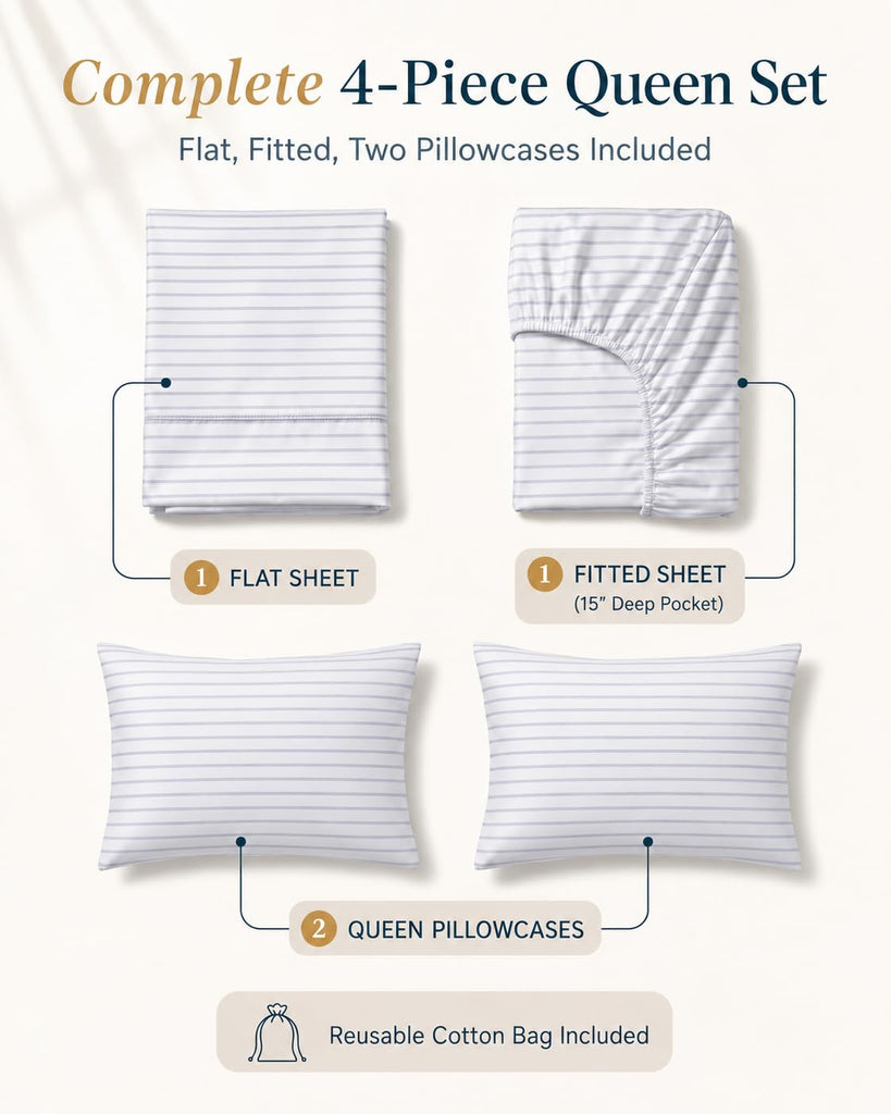 100% Cotton Sateen Queen Sheets Set, Ticking Stripe, for Hot Sleepers