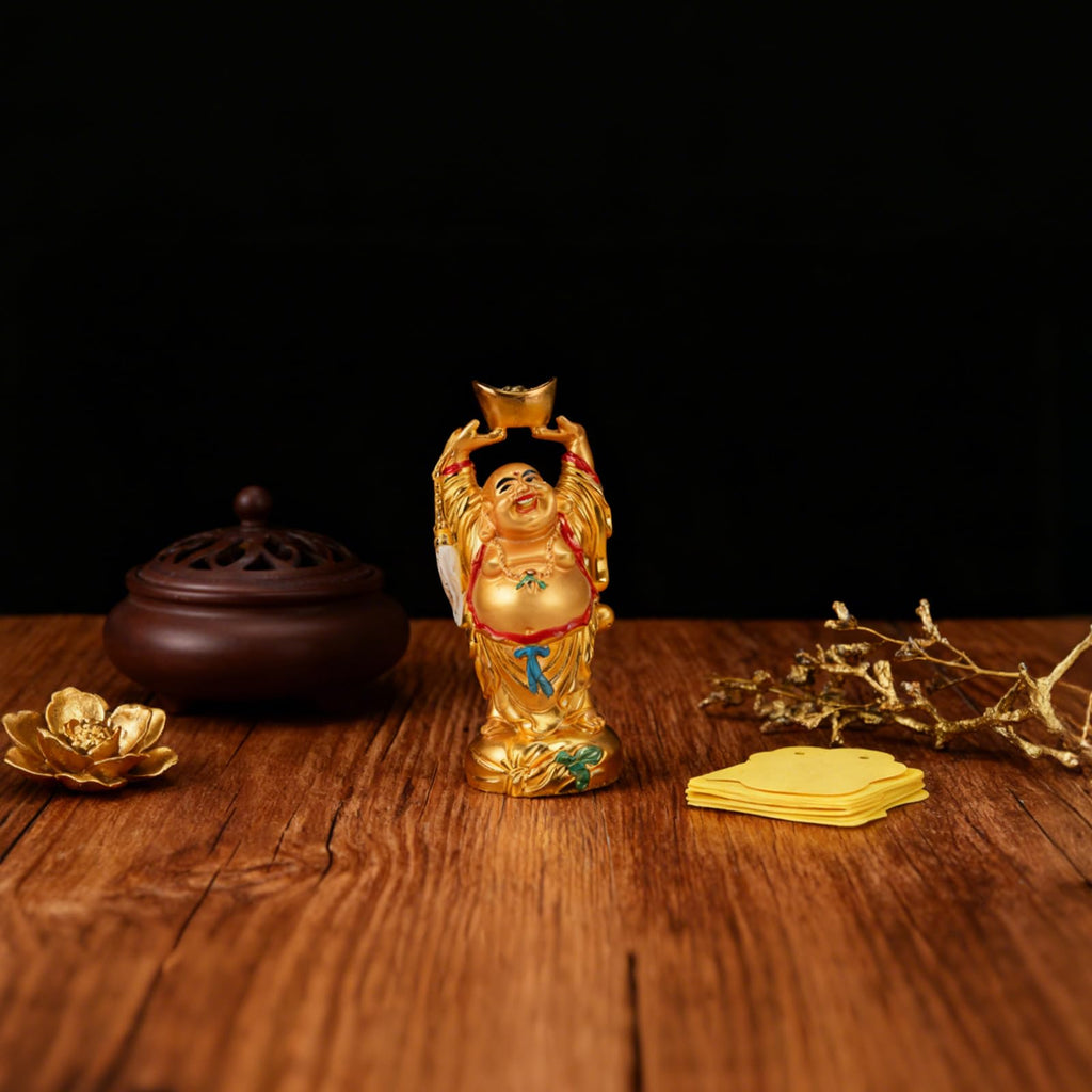 Resin Feng Shui Golden Laughing Buddha Holding Ingot Statue 4.7in(H)
