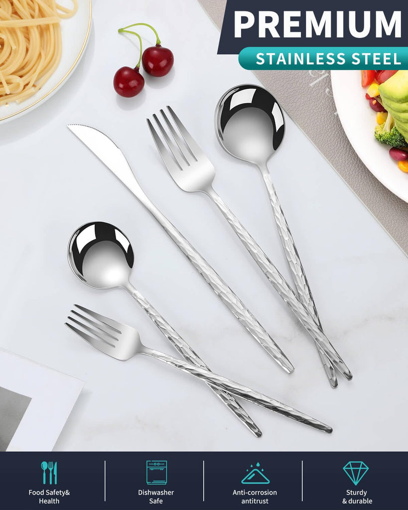 Hammered Silverware Set,30 Piece Stainless Steel Flatware Set for 6,Modern Cutlery Set,Includes Spoon Fork Knives