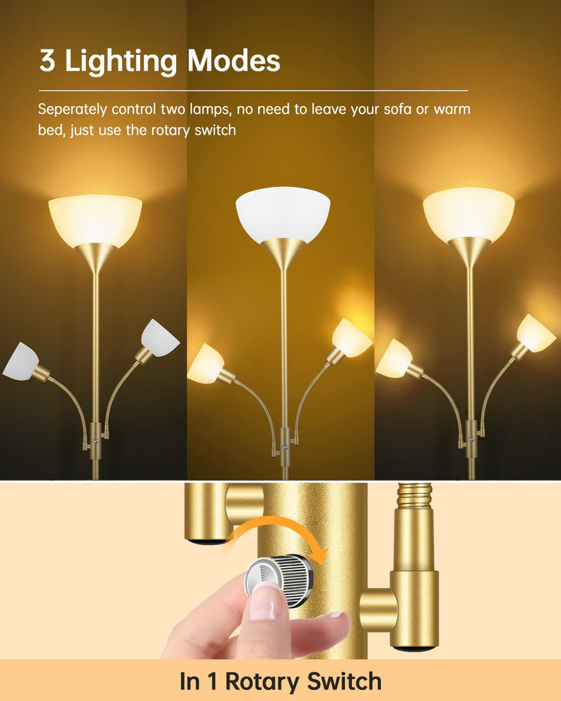 Floor Lamp, Torchiere Floor Lamps, 71 Inch Tall Standing Lamp, Bedroom Lamps with Reading Light, Rotary Switch, 3