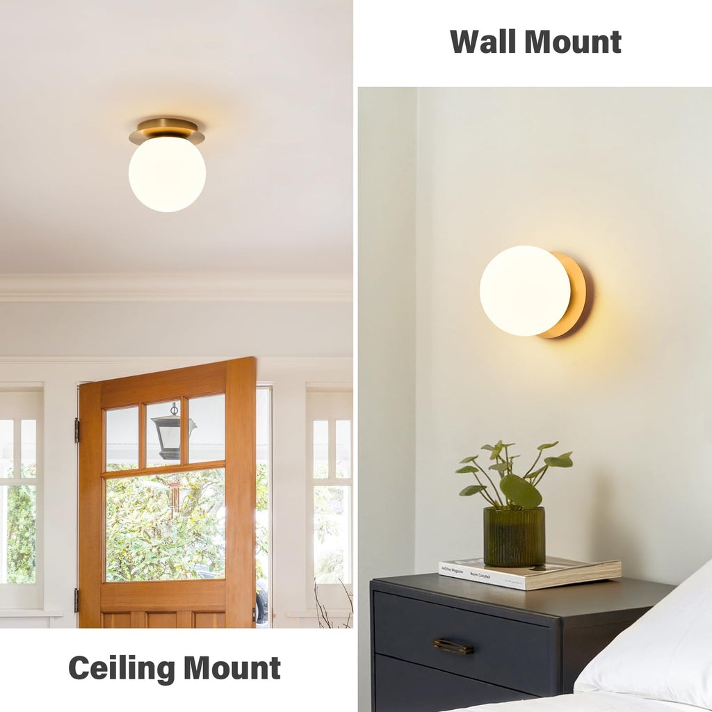 Modern Gold Globe Wall Sconce,Single Light with Milk Glass Shade