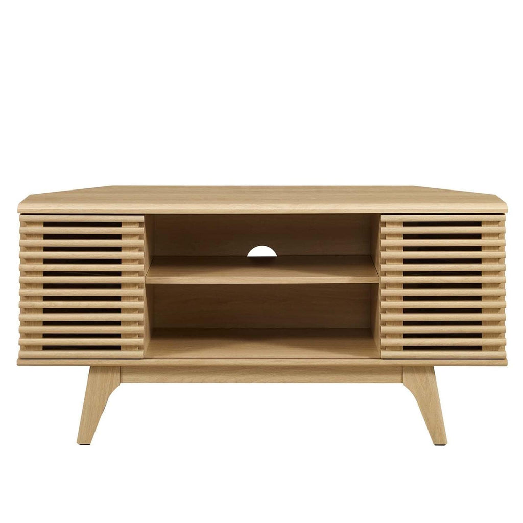 Render Mid-Century Modern Low Profile 46" Corner Media TV Stand in Oak, 15 x 46 x 23