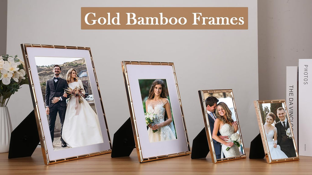 5x7''Bamboo Detail Gold Metal Picture Frame, Elegant Gold Plated wedding Photo Frames 5x7''With Soft Touch Velvet