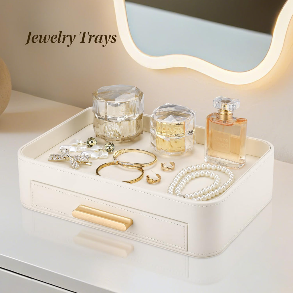 PU Leather Valet Tray with Drawer, Nightstand Organizer Catch All Tray for Jewelry Perfume Purse Trinket Key Holder