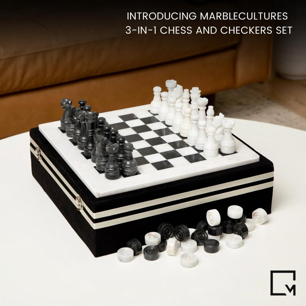 Marble Chess and Checkers Set - Luxury Tabletop Game and Coffee Table Decor - Elegant 3-in-1 Marble Game for Room - Set of 56