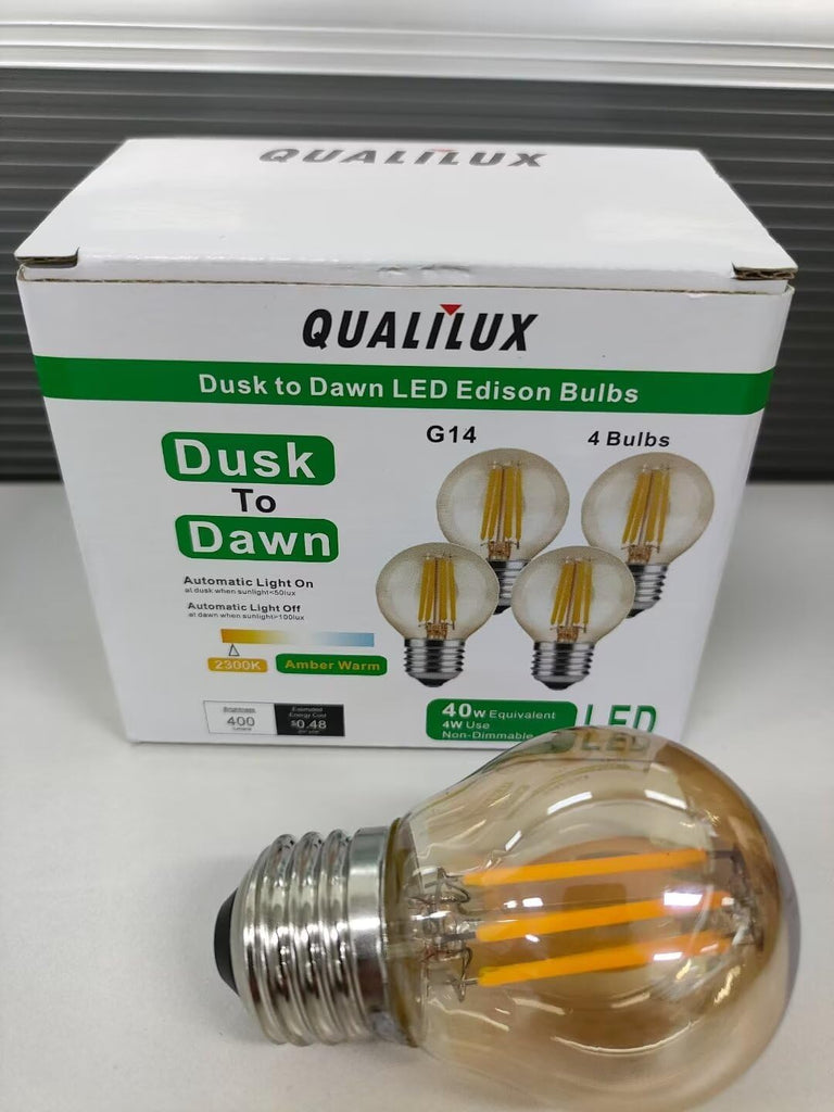 G14 Small Dusk to Dawn Edison Light Bulbs Outdoor, Vintage Amber Glass, 4W=40W, Replace A15, 400LM Warm Light, Auto