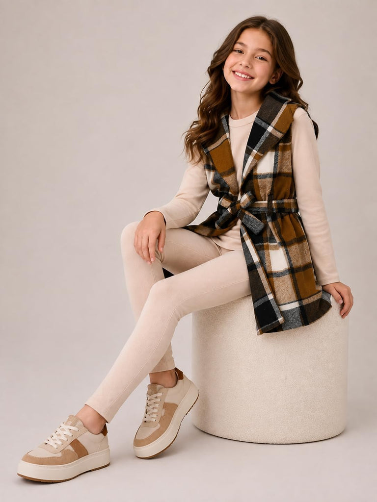Tween Girls Clothes 3 Piece Outfits Plaid Flannel Belted Vest & Long Sleeve Top and Pants- Fall Clothing Sets