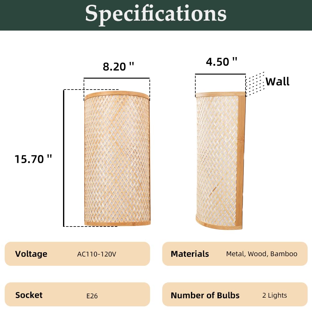Bamboo Wall Sconces, Rattan Boho Wall Sconces Hardwired Rustic Wall Mounted Light Farmhouse Wall Light Fixtures
