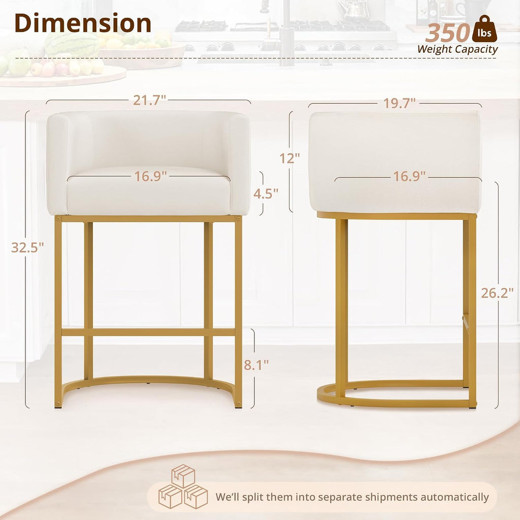 27" H Counter Height Bar Stools, Modern Barrel Counter Stools with Backrest and Arms, Gold Metal Frames, Linen Fabric