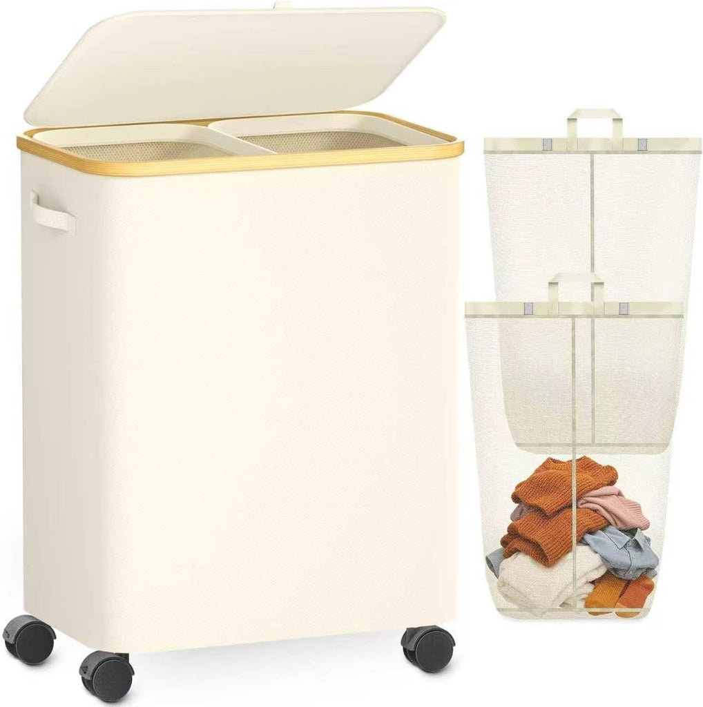 Double Laundry Basket with Wheels and Lid, 150L Clothes Hampers for Laundry | Large Laundry Hamper with 2 Sections &