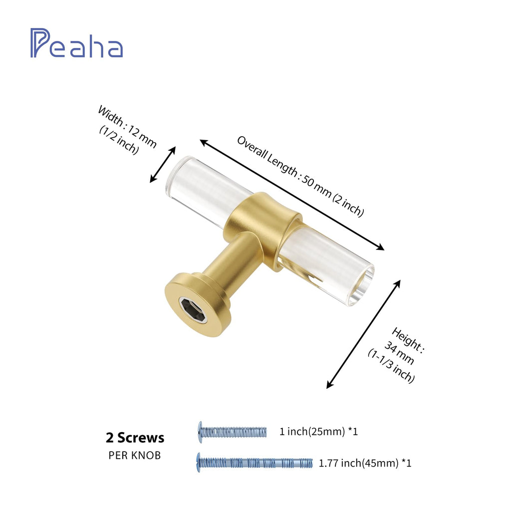Acrylic Drawer Knobs, Kitchen Cabinet Handles Gold 10 Pack, Dresser Drawer Pull Brushed Brass Cabinet Hardware T Bar