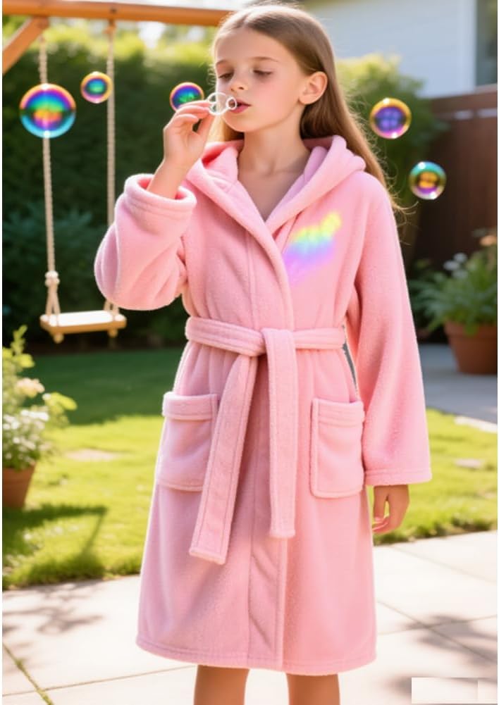 Kids Bathrobe Hooded Plush Fleece Robe for Girls Boys