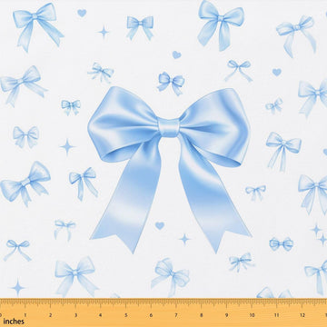 Blue Bow Fabric by The Yard, Cute Ribbon Bowknot Upholstery Fabric for Craft Lover, Kawaii Princess Style DIY Projects
