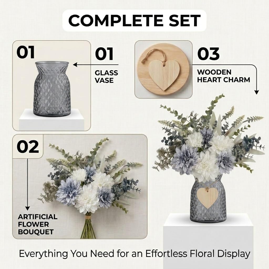 Blue Artificial Flowers with Glass Vase - Realistic Silk Dahlias Hydrangeas Bouquet with Wooden Heart Charm