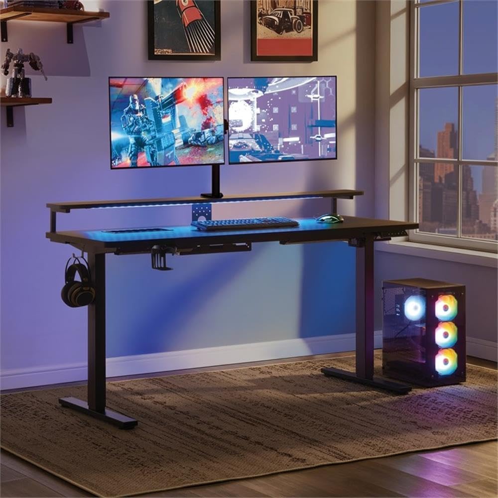 60" Electric Gaming Desk with Hutch, Carbon Fiber Finish, Height Adjustable with Power Lift, Elevated Monitor Shelf