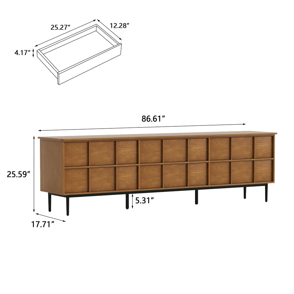 86" Modern Solid Wood Media Console, 6-Drawer Storage Sideboard