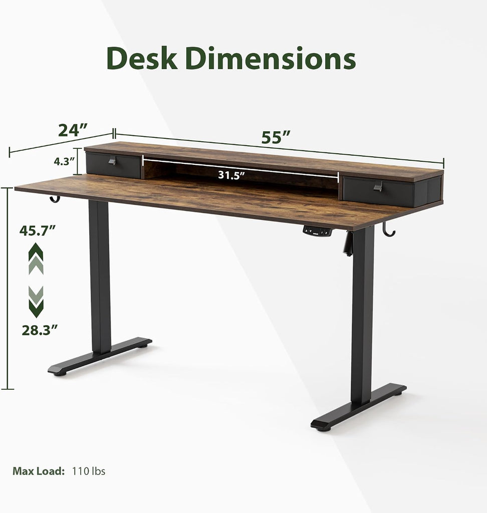 55 * 24 Inch Electric Standing Desk with Drawers, Rustic Brown | Electric Height Adjustable, 2 Storage Drawer