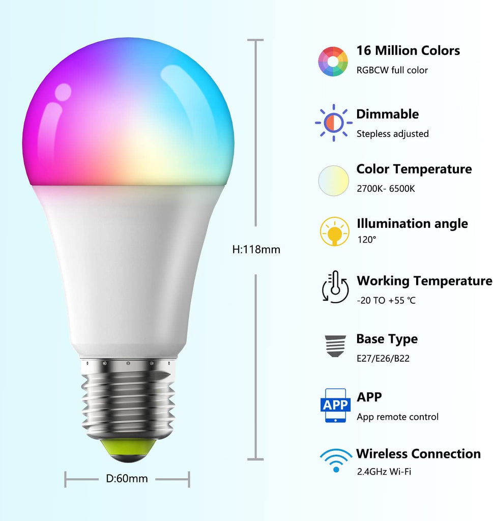 Smart Led Light Bulbs, Wi-Fi Magic Home Light Bulbs for Alexa & Google Assistant, E26, A19 Music Sync Color Changing