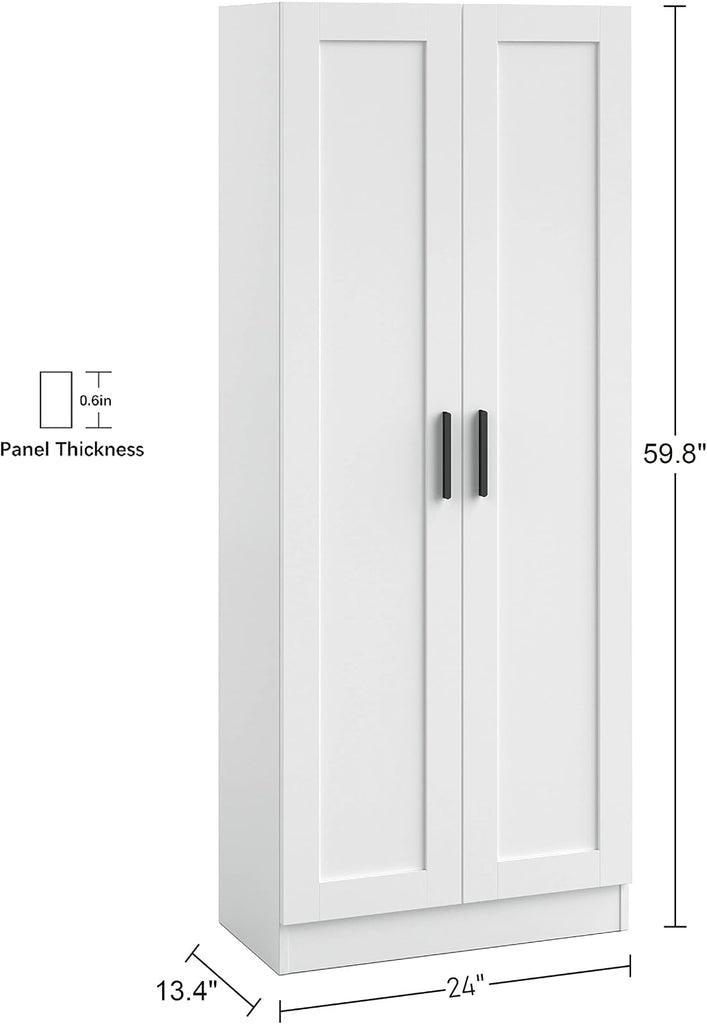 Wooden Storage Cabinet, Narrow Pantry Cabinets Free Standing Tall Storage Cabinet with 2 Doors and Shelves (White)