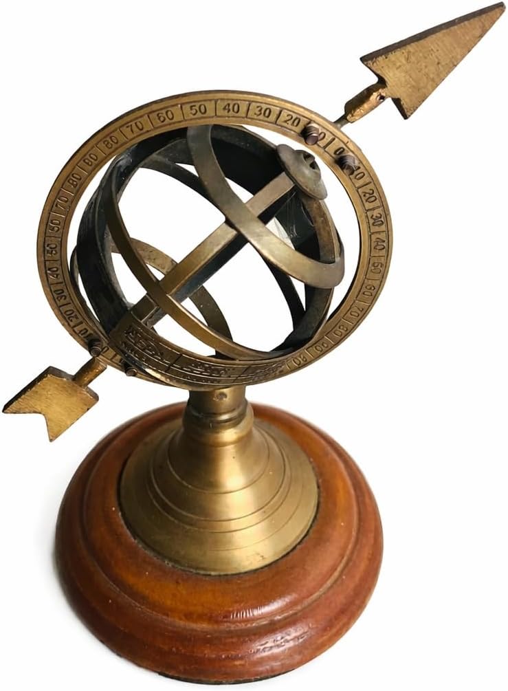 Vintage Brass Armillary Sphere Sundial Globe - Antique Nautical Desk Decor with Wooden Base, Astronomical Compass