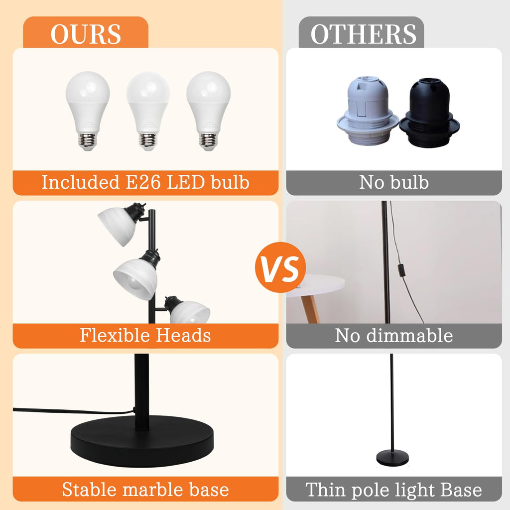 3 Head Tree Floor Lamp, Black Industrial Glass Shades