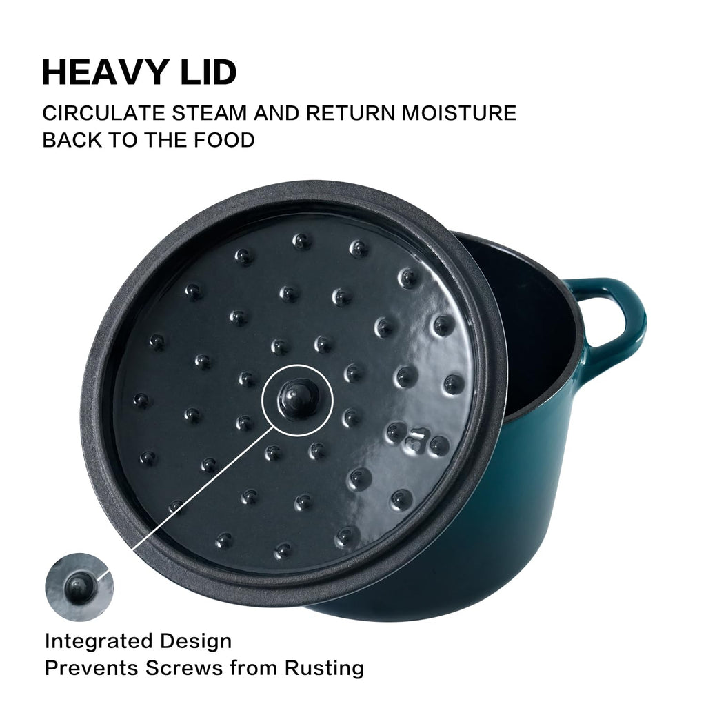 Dutch Oven Pot with Lid 1.8 Qt Cast Iron Dutch Oven for Bread Baking, DarkCyan Enameled Cast Iron Rice Pot, Small