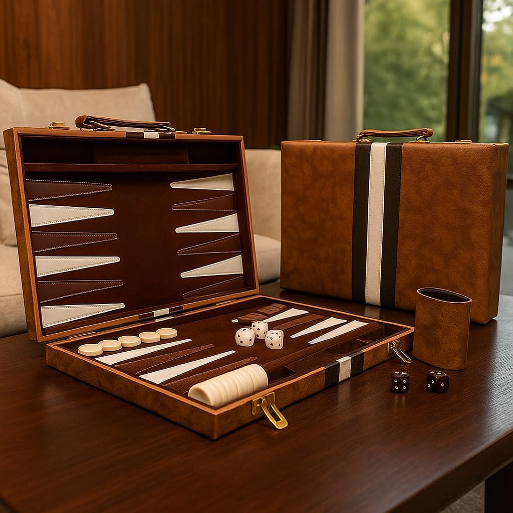 15-Inch Portable Backgammon Set with Folding Board and Leather Travel Case